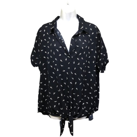 Misia Blue White Bird Button Tie Front Blouse Artsy Top - Picture 1 of 5